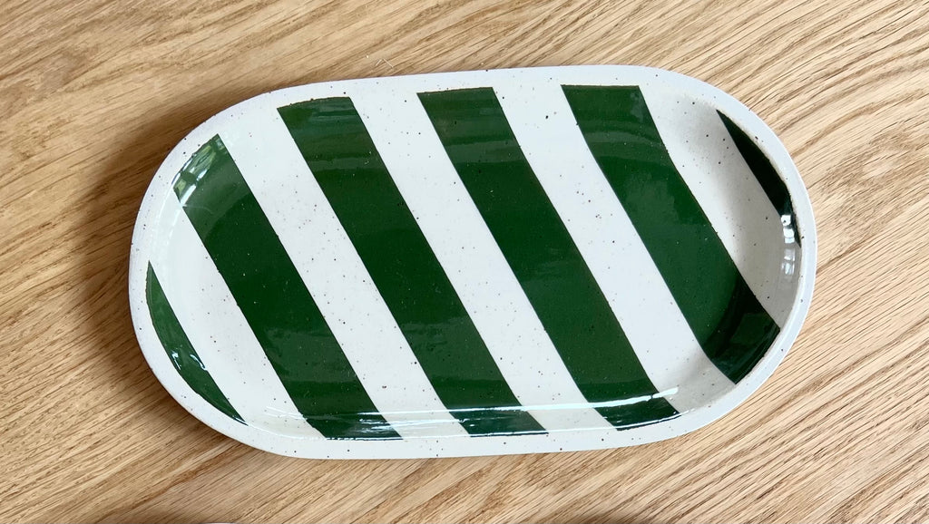 LH Ceramics - Striped Tray, White/Moss