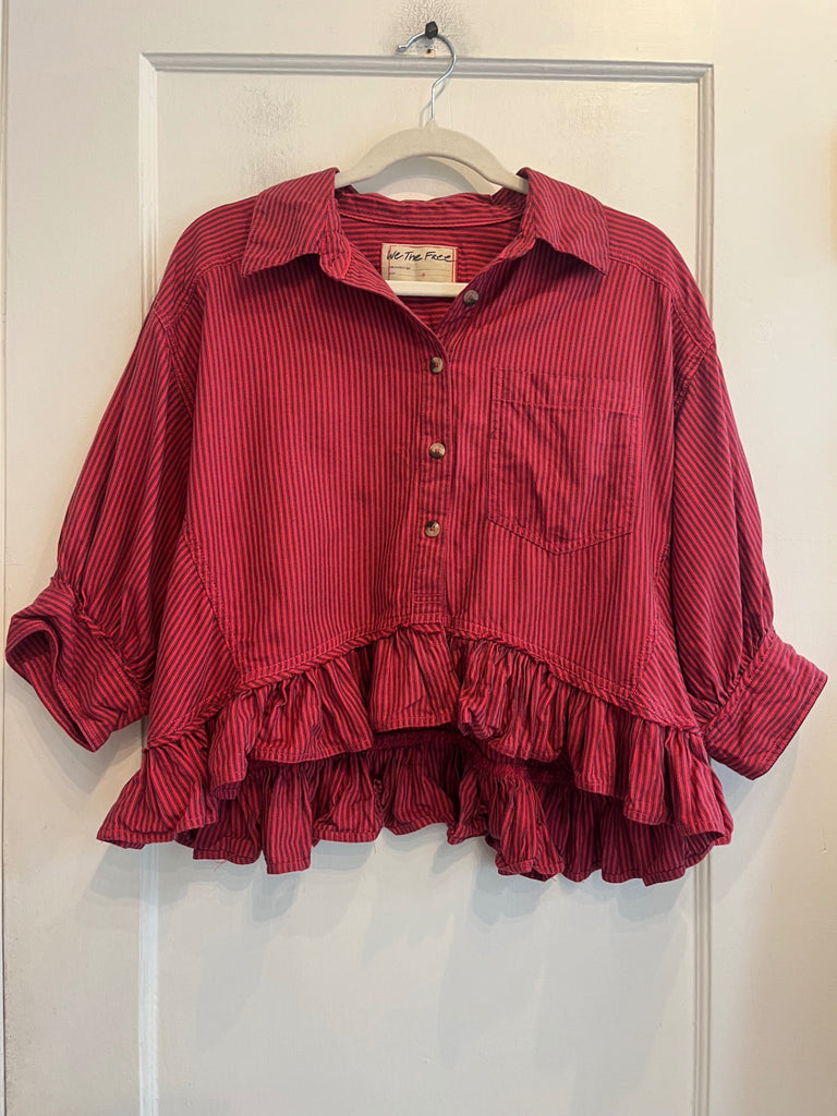 LOOP - We The Free Ruffle Hem Button Down (Red Stripe), Sz S (#41)