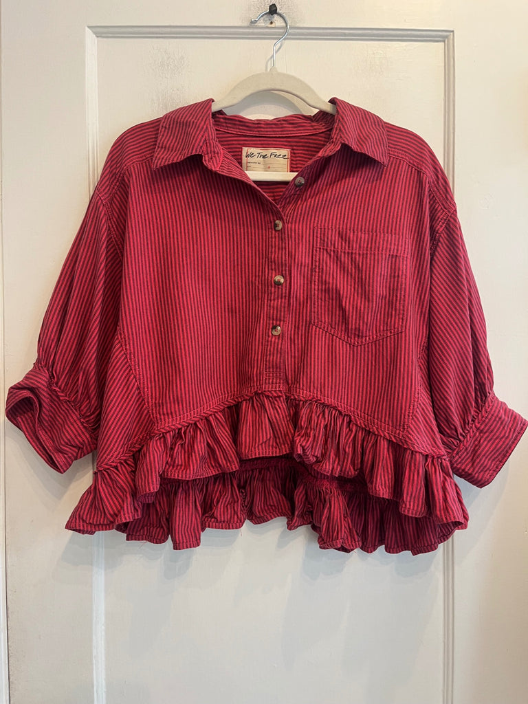 LOOP - We The Free Ruffle Hem Button Down (Red Stripe), Sz S (#41)