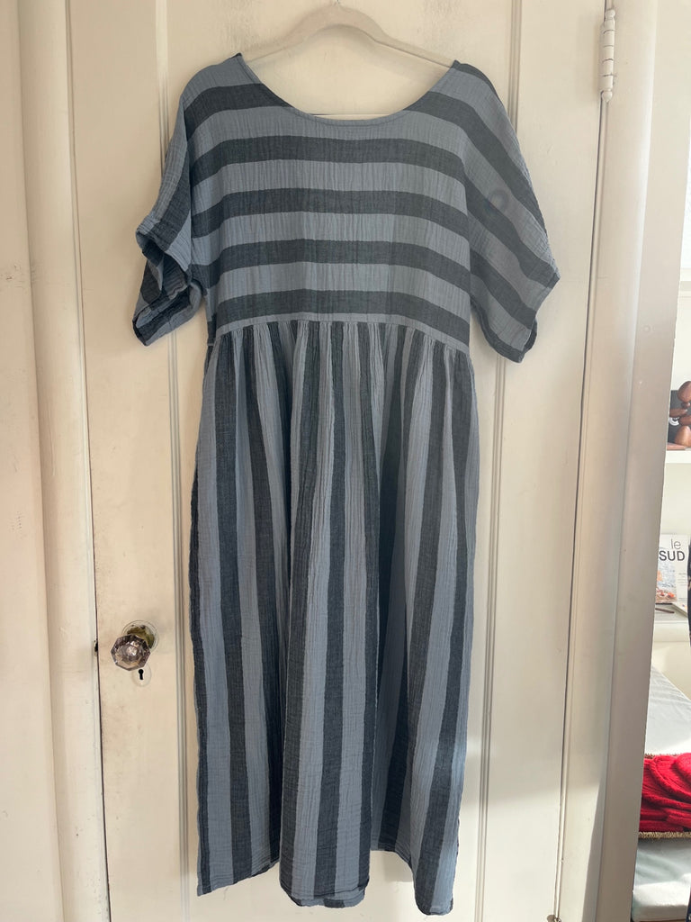 LOOP - Curator Blue & Charcoal Striped Dress, Sz Xs (#189)