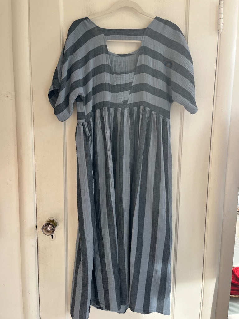 LOOP - Curator Blue & Charcoal Striped Dress, Sz Xs (#189)