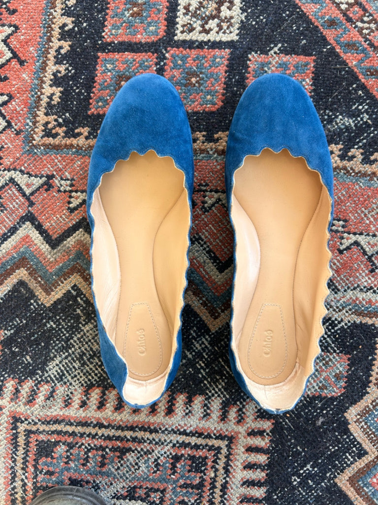 LOOP - Chloe Scalloped Blue Suede Lauren Ballerina Flats, Sz 37 (#130)