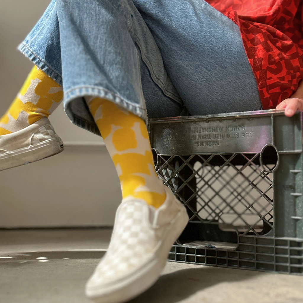 Jenny Pennywood - Crew Socks - Checks in Yellow Mustard & Natural