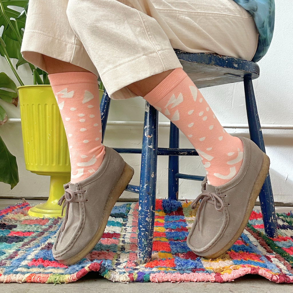 Jenny Pennywood - Crew Socks - Dashes & Moons in Coral & Natural