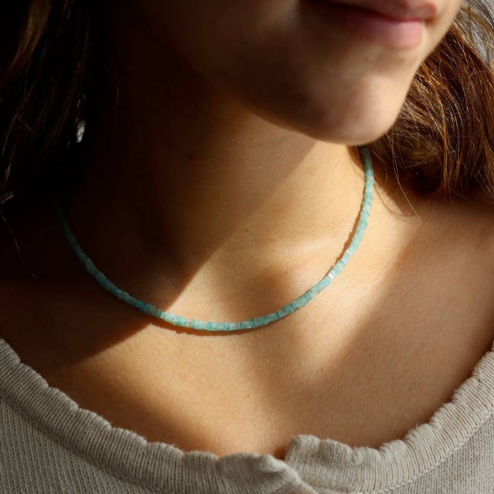 Token Jewelry - Anya Necklace | Beaded Amazonite Gemstone Jewelry : 16" / 14k Gold Fill