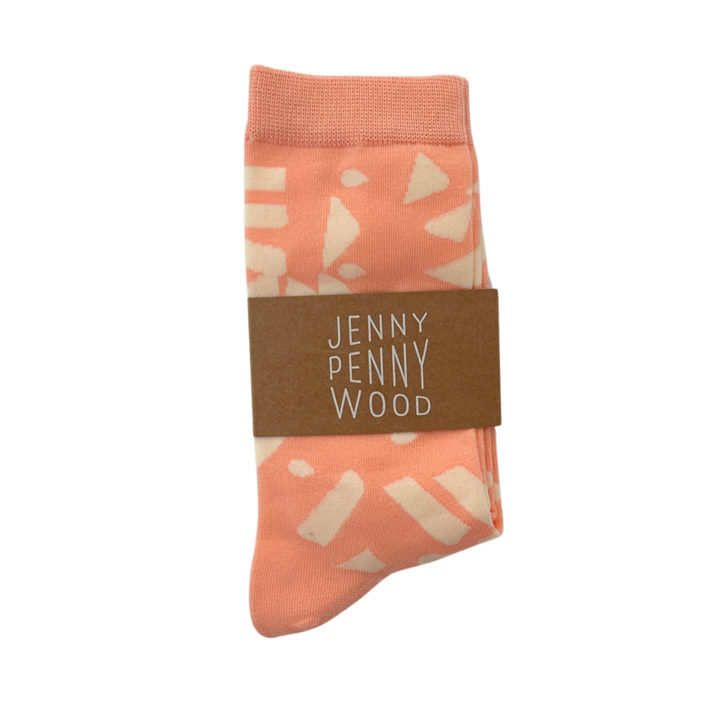 Jenny Pennywood - Crew Socks - Dashes & Moons in Coral & Natural