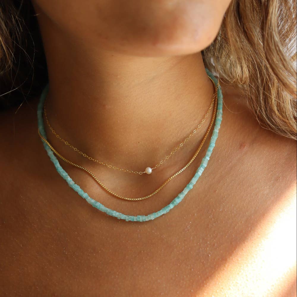 Token Jewelry - Anya Necklace | Beaded Amazonite Gemstone Jewelry : 16" / 14k Gold Fill