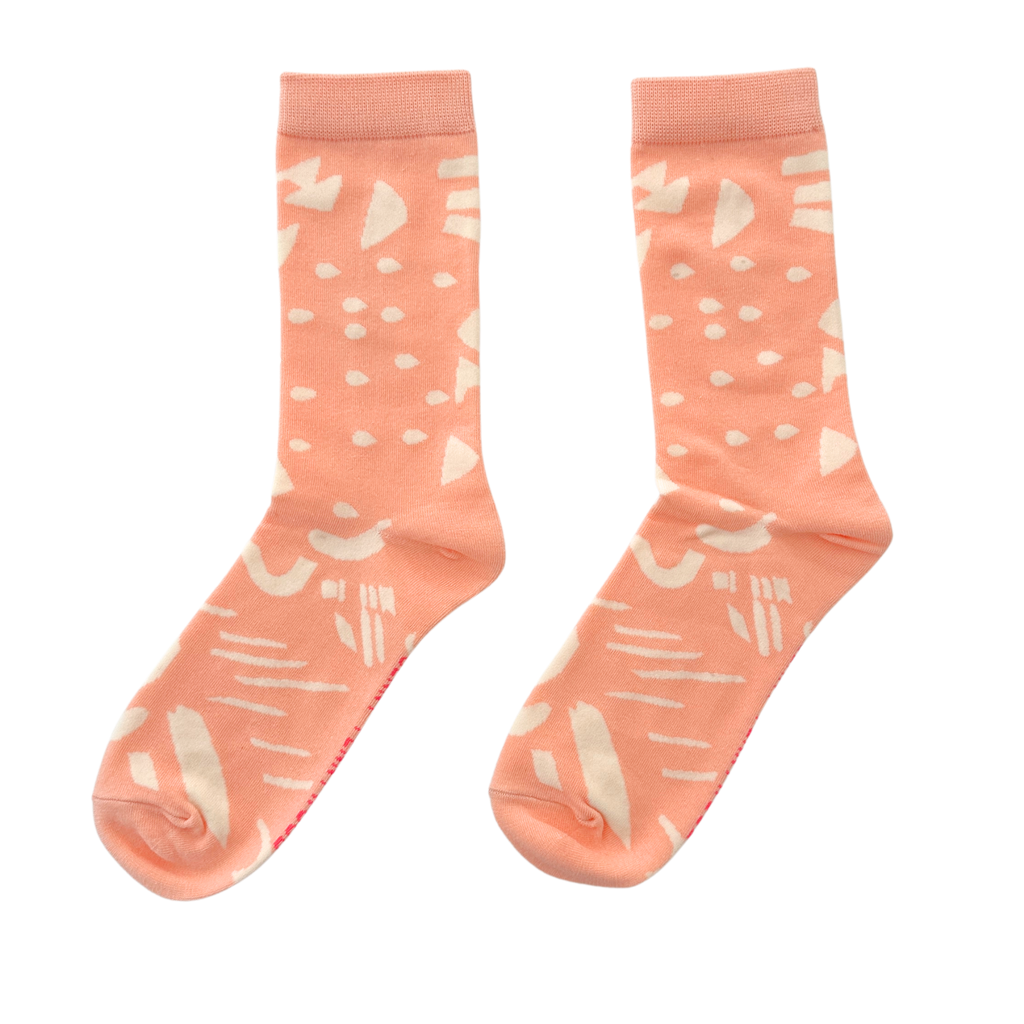 Jenny Pennywood - Crew Socks - Dashes & Moons in Coral & Natural