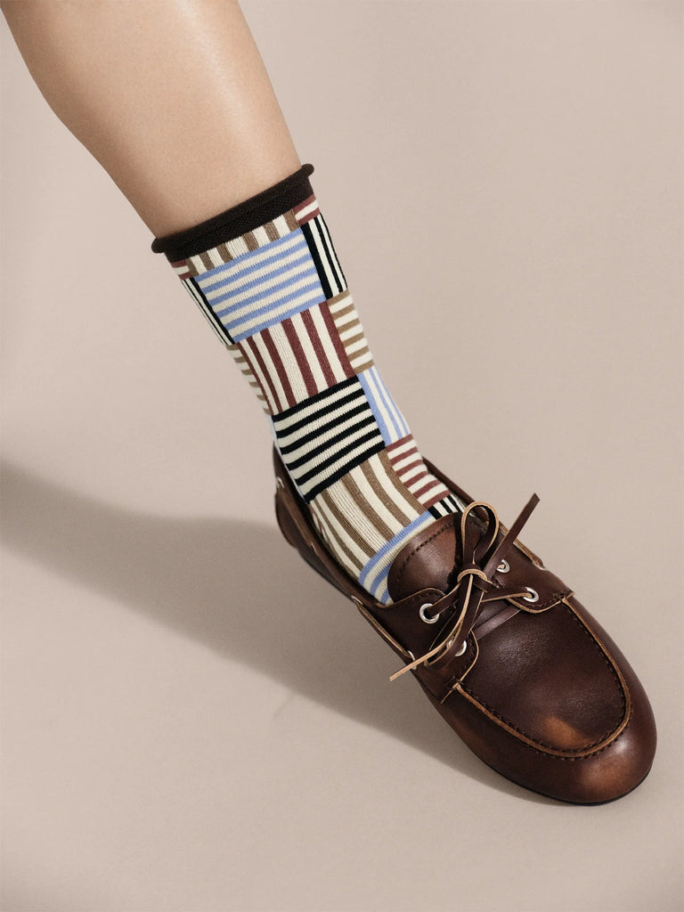Hansel From Basel- Striped Tile Crew Socks, Brown