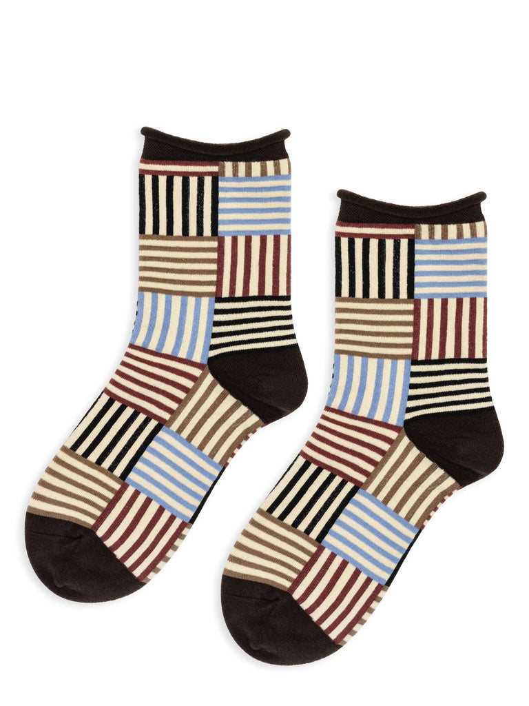 Hansel From Basel- Striped Tile Crew Socks, Brown